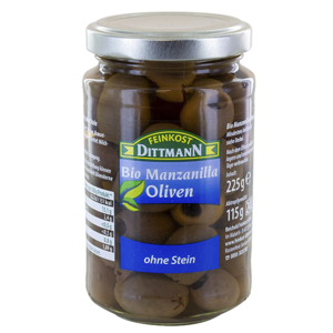Dittmann BIO Manzanilla olivy bez pecky vinném nálevu z brandy octu 225g