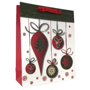 Dárková vánoční taška motiv Vánoční ozdoby a vločky 25,5x31x10cm
