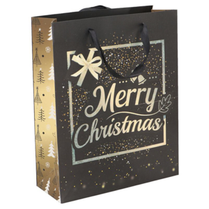 Dárková vánoční taška zaltá a černá motiv Merry Christmas 25,5x31x10cm