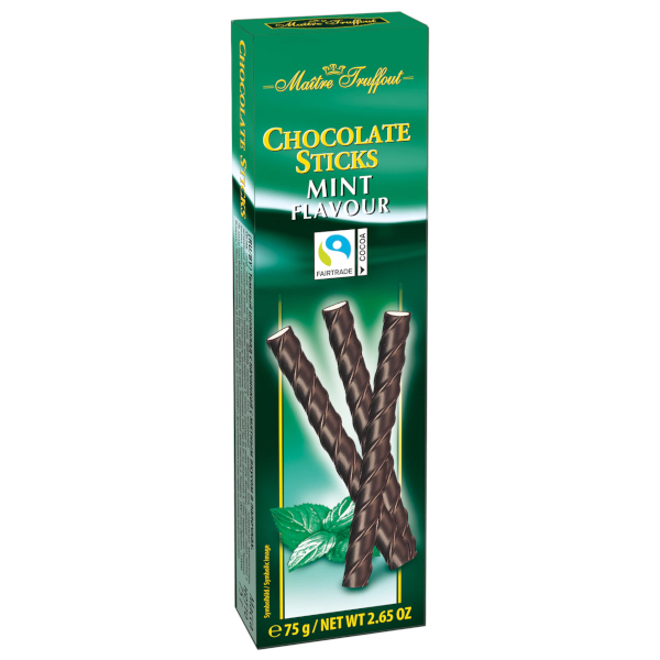 Maitre Truffout hořké čokoládové tyčinky s mátovou náplní 75g Maitre Truffout hořké čokoládové tyčinky s mátovou náplní 75g