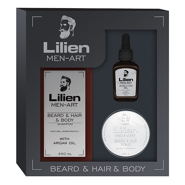 Lilien Men-Art Beard & Hair & Body White univerzální šampon 250 ml + vyživující olej 50 ml + stylingový vosk na vlasy a vousy 45 g dárková sada