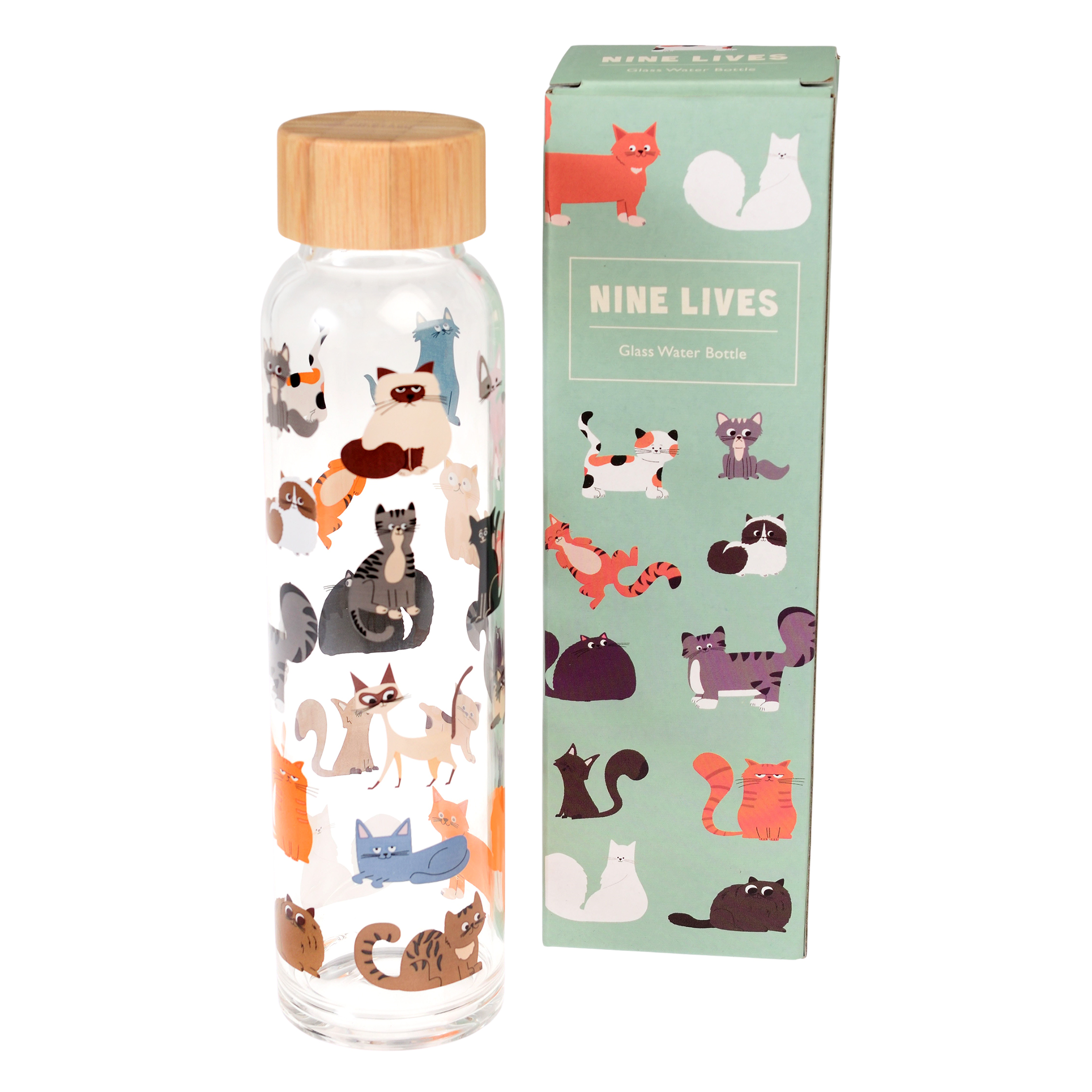 Rex London skleněná láhev z tvrzeného skla a bambusovým víkem Cats 420ml