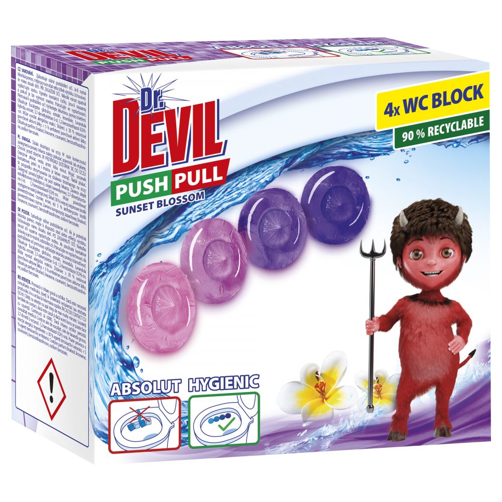 Dr. DEVIL PUSH PULL bezkošíkové hygienické wc bloky Sunset Blossom 4x20g